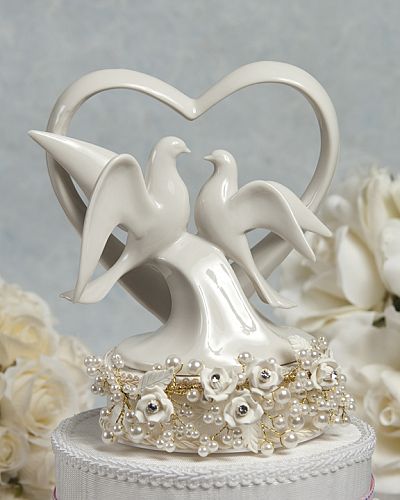Glazed White Porcelain Doves and Flowers Wedding Cake Topper 