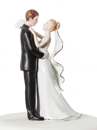 White and Silver Porcelain Bride and Groom Wedding Cake Topper Figurine 