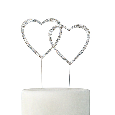 Crystal Rhinestone Double Heart Cake Topper - Silver