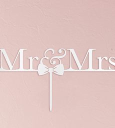 Mr & Mrs Bow Tie Acrylic Cake Topper - White